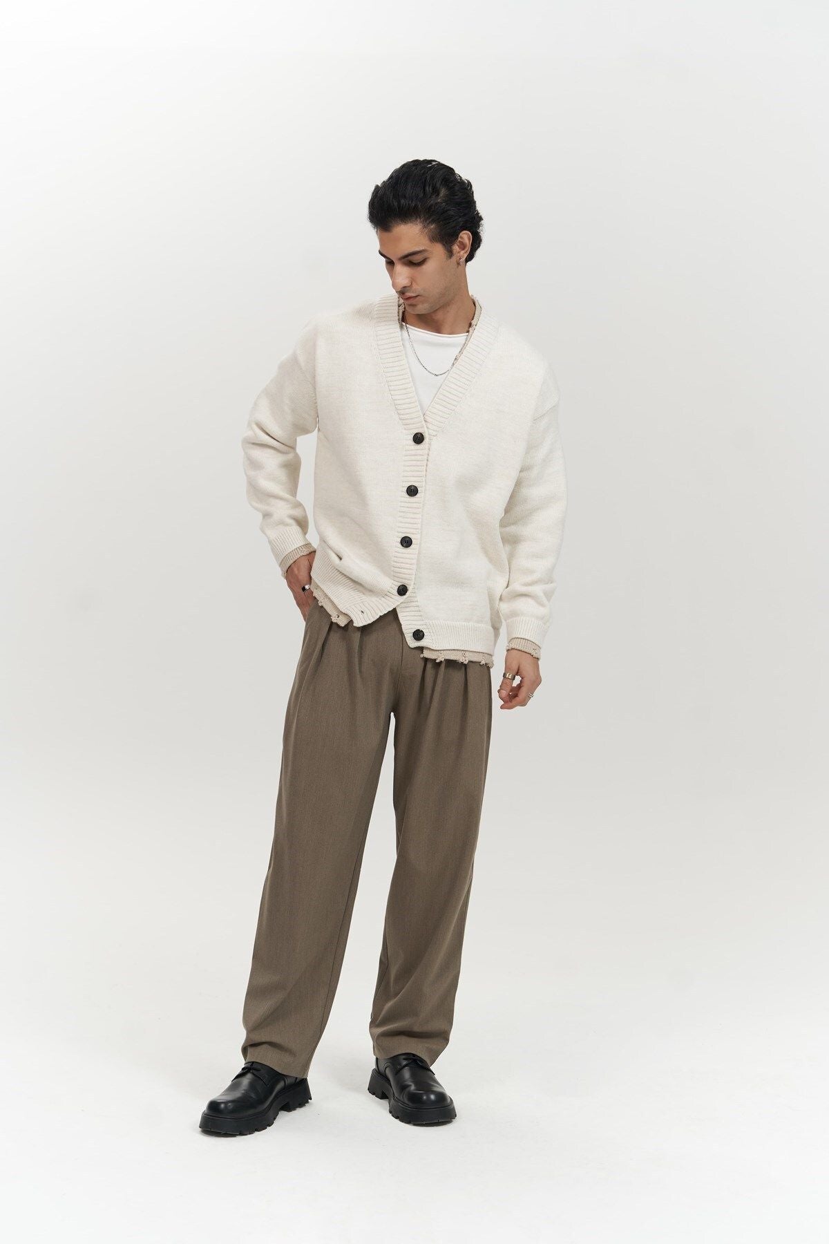 新品roughlow docking ensemble knit Ivory Raid Çift Yaka Ekru Erkek Triko Kazak | Mai